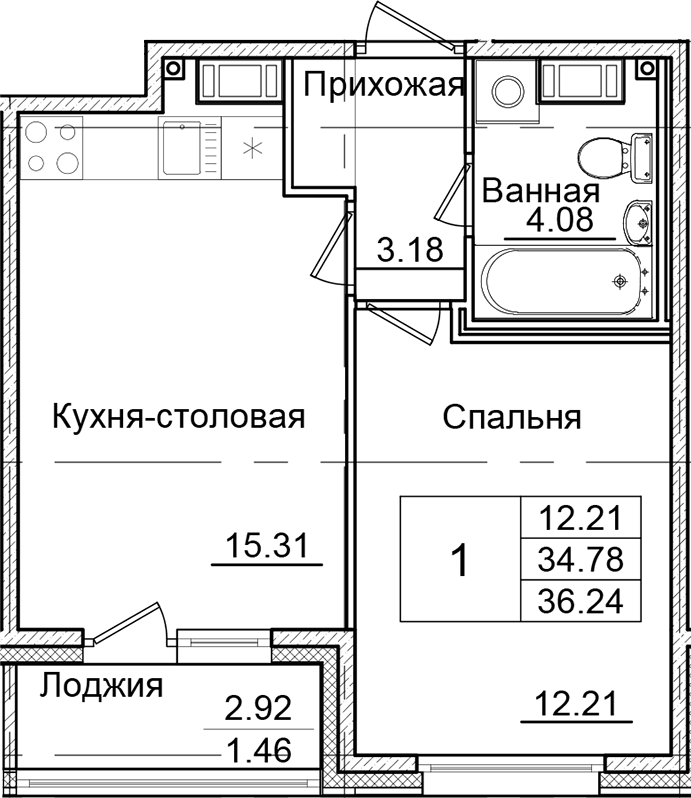 1-комнатная квартира 36.24 м², 6/9 эт., ЖК «Квартал Заречье»